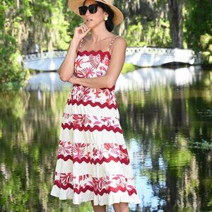 CAROLINE CONSTAS LINEN SCALLOPED TWO PIECE TOP AND SKIRT SET FLORAL RED CREAM IV